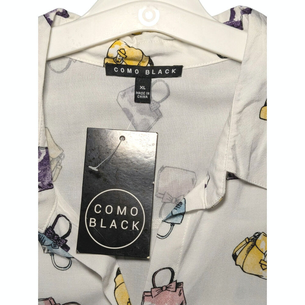 Como Black NWT Women's XL Purse Handbag Print White Shirt Tie 3/4 Sleeve Blouse - Picture 3 of 12